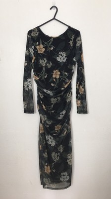 Oasis x RHS dress midi ruched bodycon mesh keyhole black floral y2k style S NEW