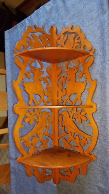 Vintage Hand Crafted Wood Corner Shelf 3 Tiers W/  Deer & Bird Cutouts