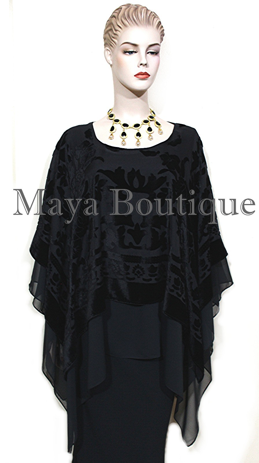 Pre-owned Maya Matazaro Black  Layered Poncho Top Burnout Velvet & Chiffon Made In Usa