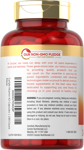 Vitamin K2 100mcg | K2 MK-4 | 240 Capsules | Non-GMO & Gluten Free | by Carlyle