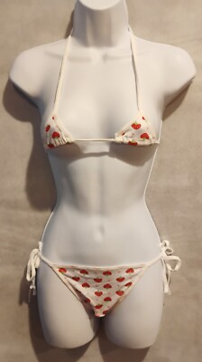 White Cotton with Strawberry Print Minimal Coverage Top & Bottom Set (XS)