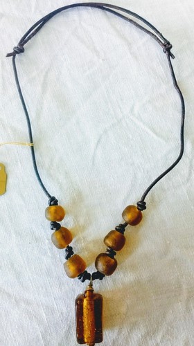 Ghana recycled glass trade bead leather necklace, adjustable