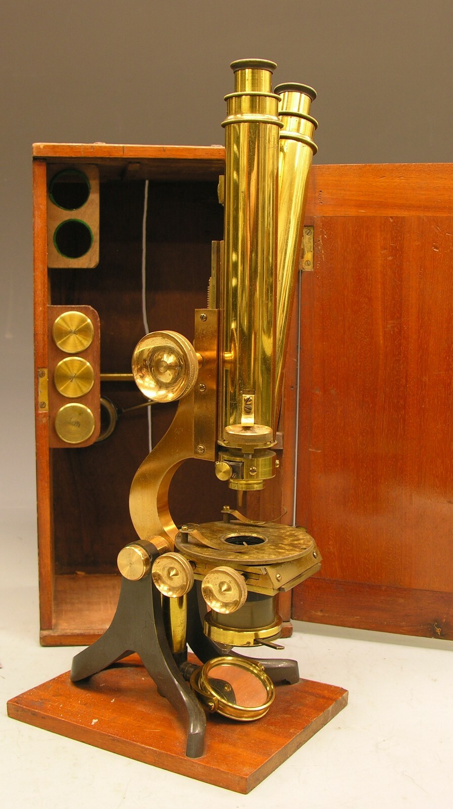 ~ Beautiful Victorian Binocular Microscope Complete w/ Case & Accessories ~