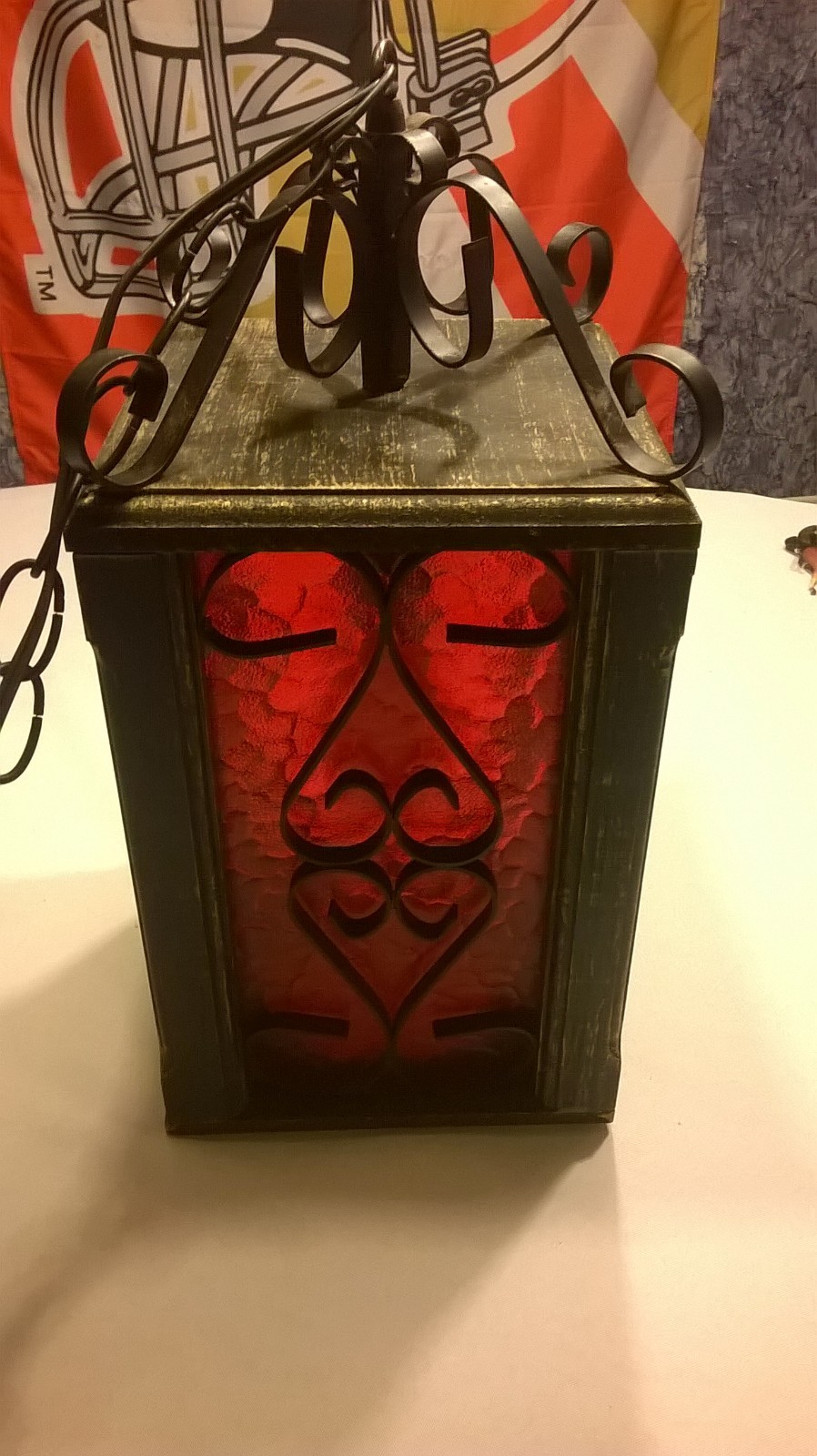 Vintage Red Box Lantern with 13 ft Chain & Plug in Cord