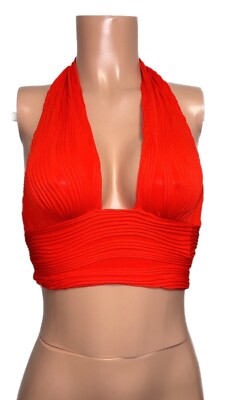 Y2K Red hot over neck plunge Halter Top S puckered texture beach party Barbie