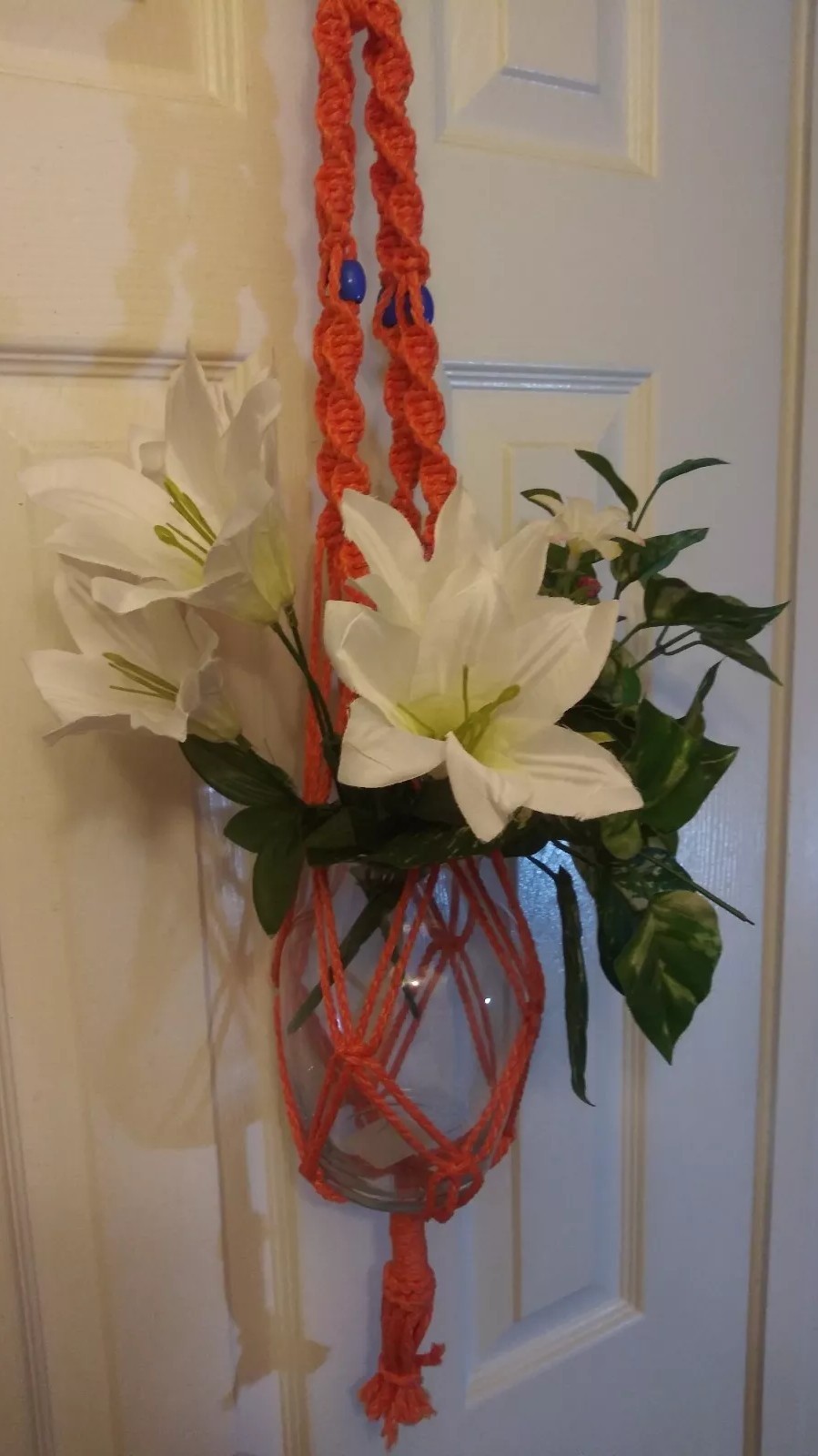 Vintage Macrame Plant Hanger,Orange/yellow mix with blue beads. 4 mm cord