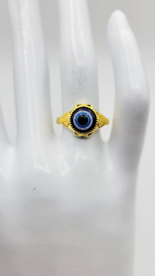 New Gold Tone Blue Evil Eye Women's Fashion Statement Lucky Ring Size 7.25