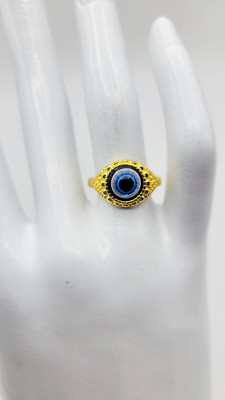 New Gold Tone Blue Evil Eye Women's Fashion Statement Lucky Ring Size 7