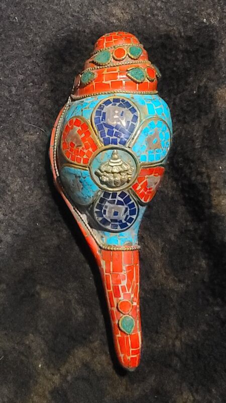 A Semiprecious Stone Encrusted Conch Shell Buddhist Trumpet (horn) 6 3/4" X 2.5"