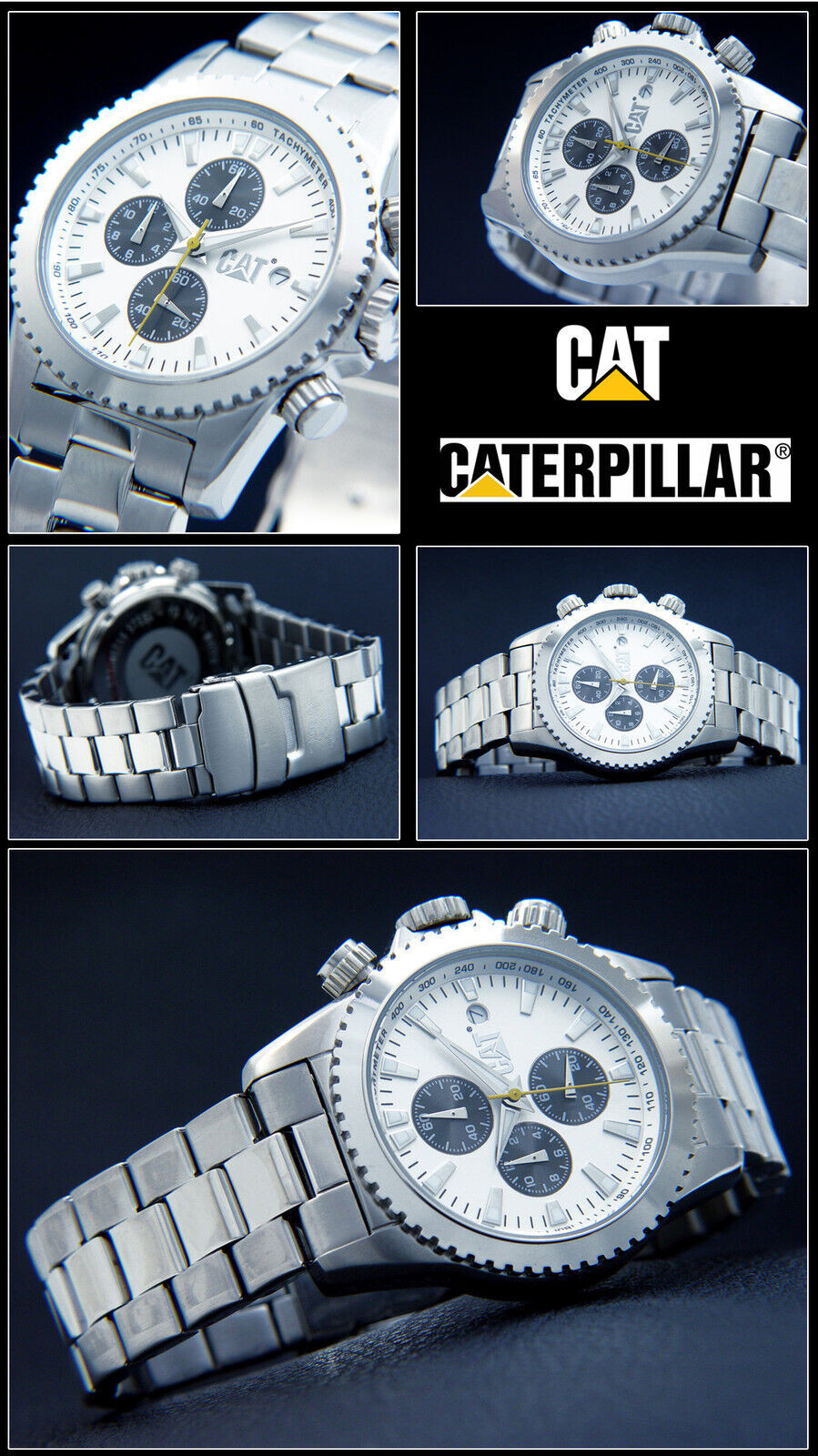 Chronograph CAT YD143 Men's Watch Fluted Bezel Stainless Steel 10