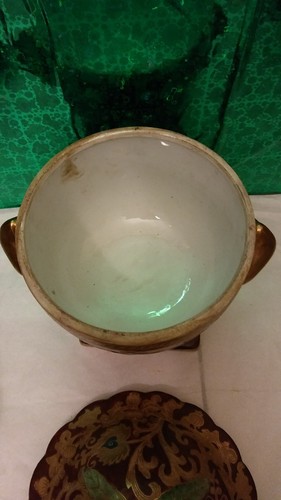 Large Lidded Pedestal Bowl Rustic Red with Leaf Vine Design