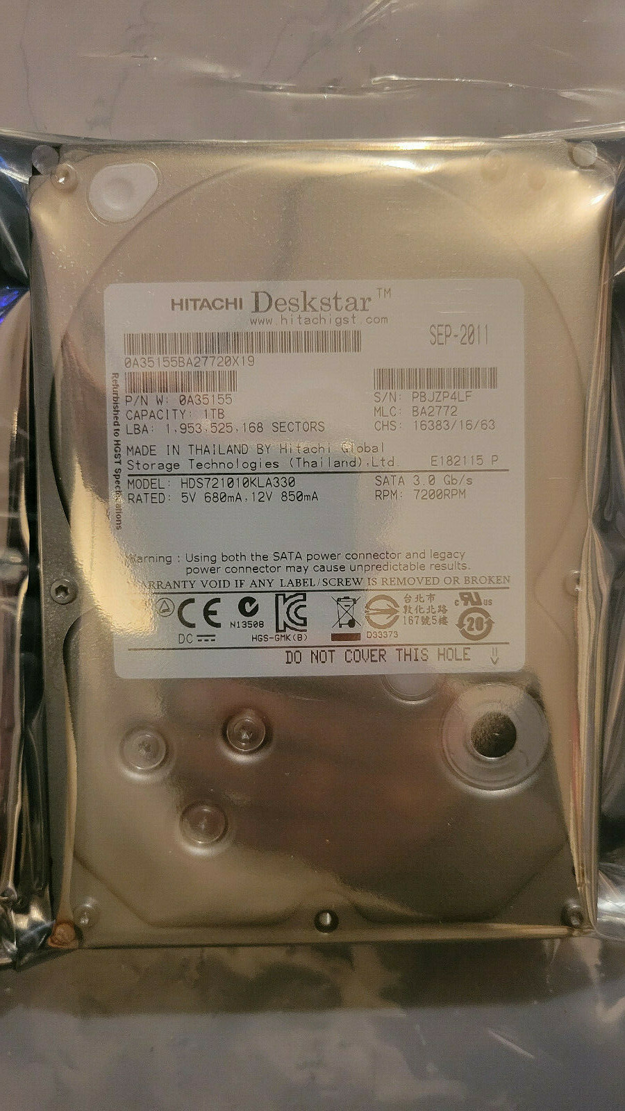 PCパーツ Hitachi hua721010kla330?P/N : 0?a35153?MLC : ba2772?1tb Hitachi HUA721010KLA330 P/N: 0A35153 MLC: BA2772 1TB