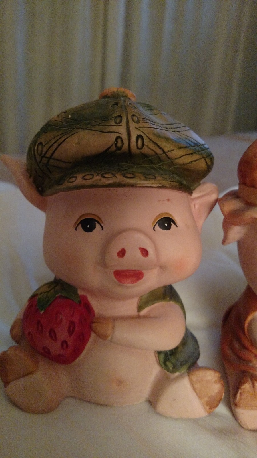 2 Vtg Koreart resin old piggy coin banks figurine strawberry orange home decor