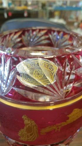 VAL ST. LAMBERT BELGIUM CRANBERRY OVERLAY AVENTIN JAPONAIS VASE - SIGNED/STICKER