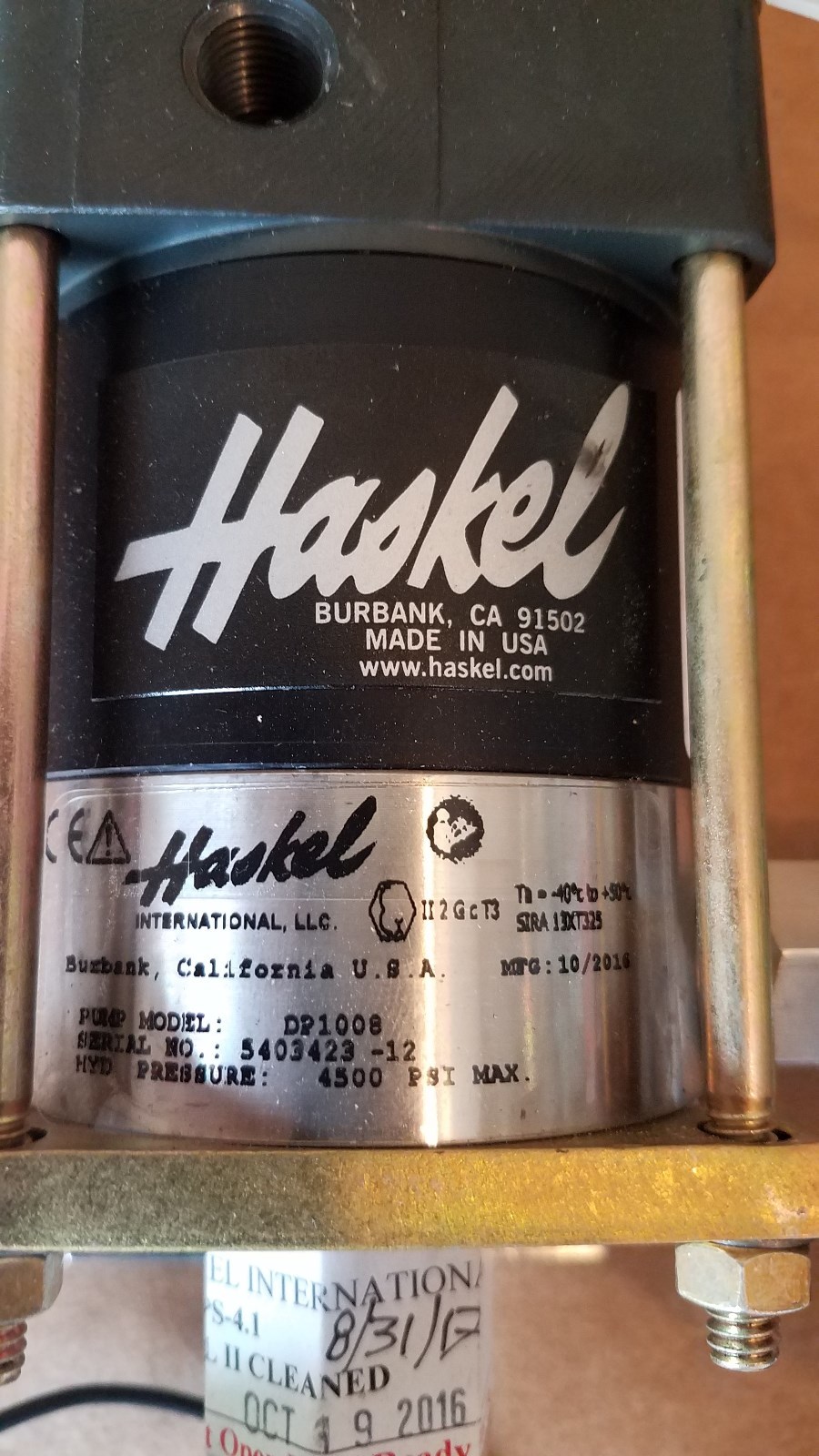 Haskel Fluid Pump DP1008 4500 PSI Max with (2) Parker valves