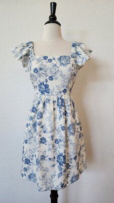 Anthropologie Linen Dress New Size Medium Toile Blue Floral Coastal Granny Boho