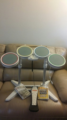 Nintendo Wii Rock Band Wired Drum Controller Bundle 19092 w/Pedal Sticks, guitar