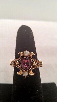 Vintage Avon Faux Amethyst Style Gold Toned Ring Size 6.5 With Faux Pearls