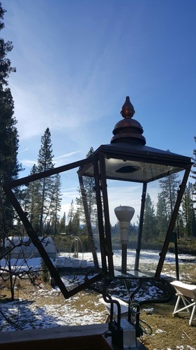 Antique PAIR of copper London street lanterns with original pole mounts 