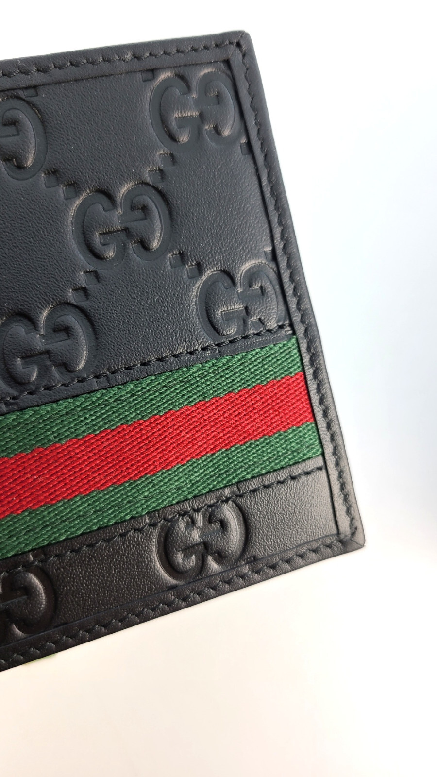 Pre-owned Gucci Mens Black Bi Fold Web Strip Red Green Gssima Wallet With Box