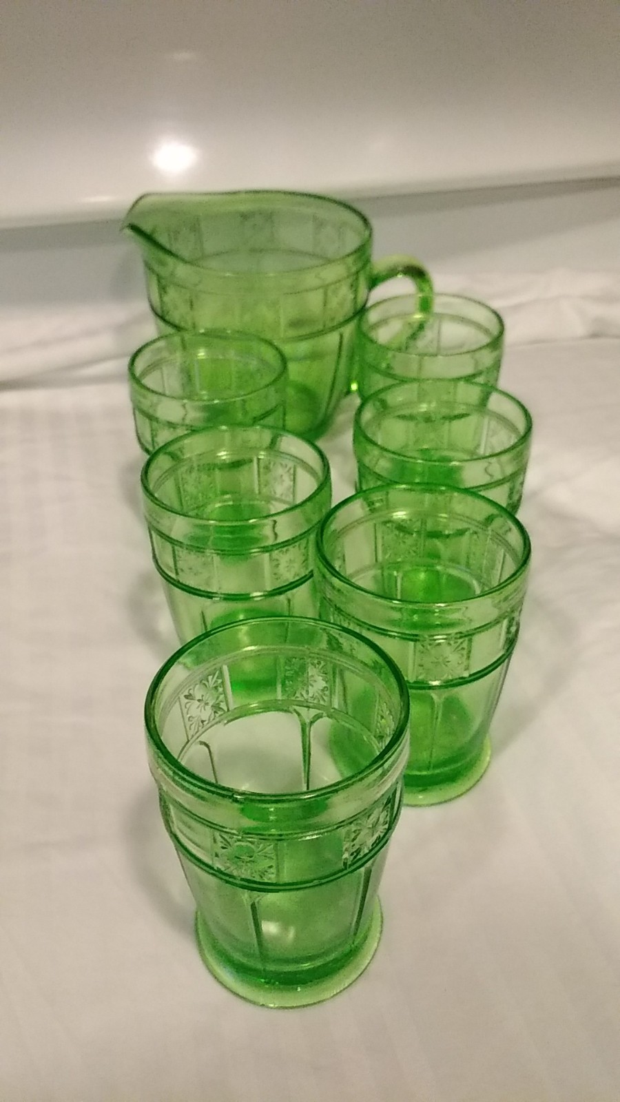 Vintage Green Depression glass Doric Water set. Rare tumblers.