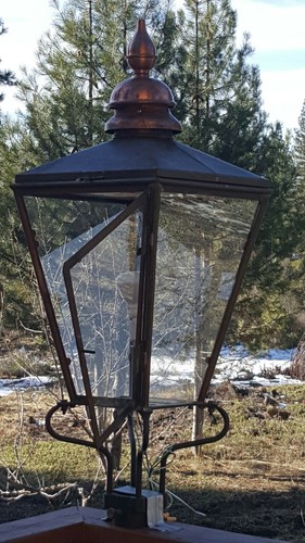 Antique PAIR of copper London street lanterns with original pole mounts 