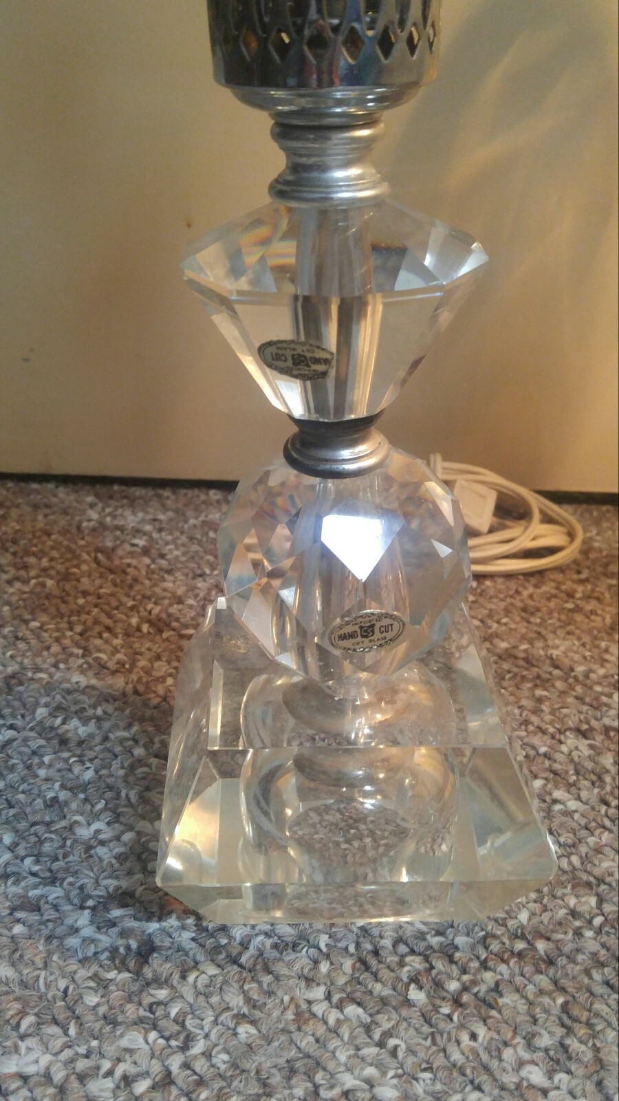 Art deco mcm Hollywood regency waterfall crystal hand cut glass pair lamps offer