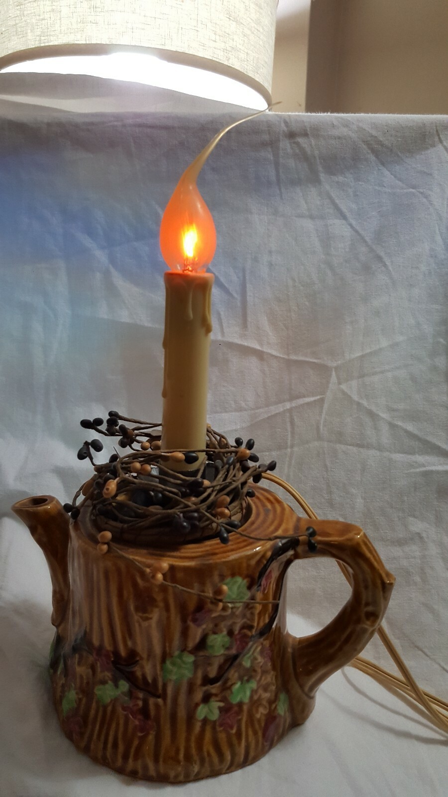 Electric Window Drip Candle Lamp Brown Floral Mug Cup Candle Holder Vtg Japan