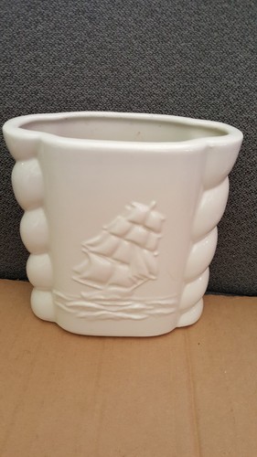 Vintage White Abingdon Pottery USA Clipper Ship Vase