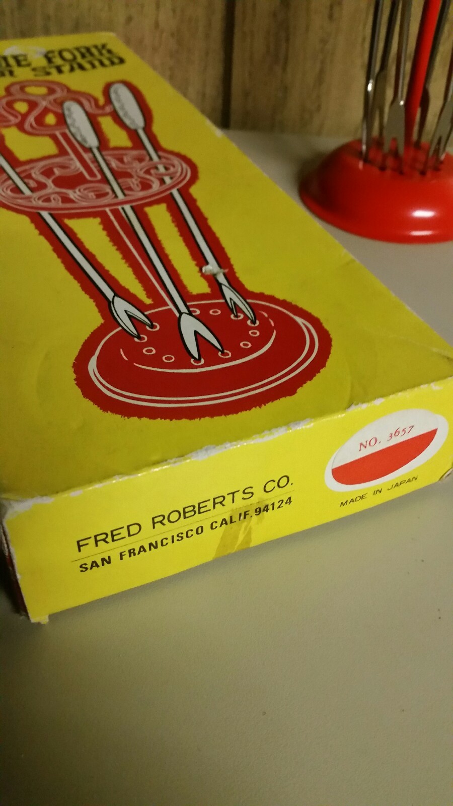 New Old Stock Fred Roberts 7 pc Fondue Forks & Bright Orange Metal Stand in box