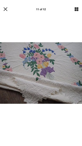 Amazing Handwork! SUPERB Vintage Cottage Applique Flower Bouquet Quilt 95X81
