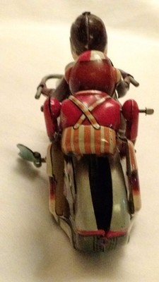 Vintage 50s Tin Wind-up Toy Kanto Japan Motorcycle Rider with Monkey Acrobat
