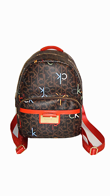 Calvin Klein Signature Backpack Bag Brown Red Multi-Color Faux Leather Gold Logo