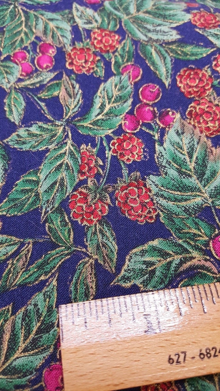 Cotton Fabric Berries Leaves Gold Accent Print Navy Winter Christmas BTY