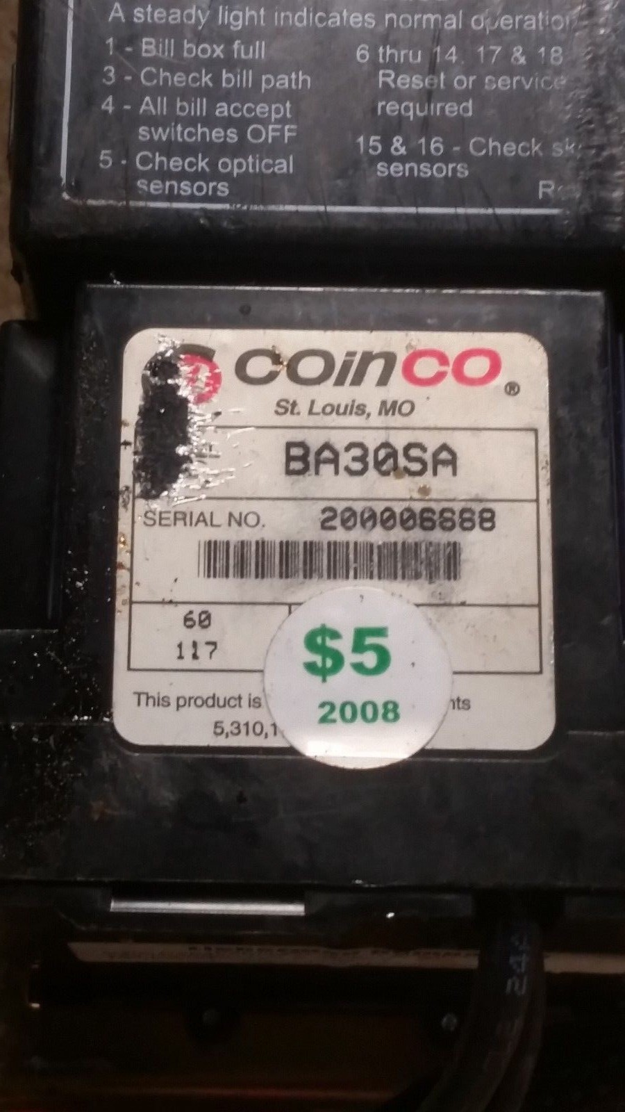 CoinCo  Bill Acceptor / Validater   BA30SA  117V   *Untested*  S4R