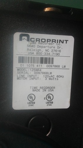 Acroprint 01-1075-411 Model 125NR4 Heavy-Duty Manual Print Time Recorder;.no key