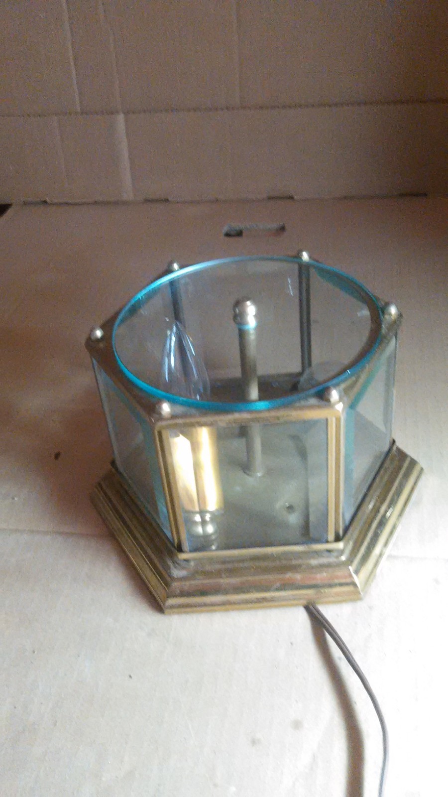 MID CENTURY MODERN HALL ENTRANCE CEILING LIGHT SIX SIDED BEVELED GLASS 2 CANDLE