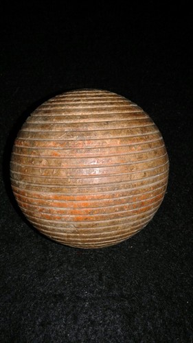 VINTAGE / PRIMITIVE - 6 WOODEN CROQUET BALLS RIBBED & DOUBLED STRIPED  20s - 30s
