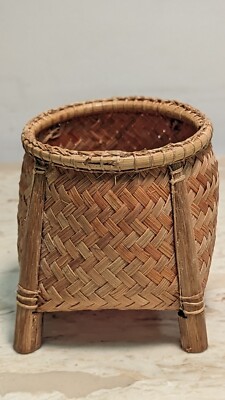 Vintage Bamboo Folk Art Split Reed Wood Hand Woven Small Mini Footed Basket BOHO