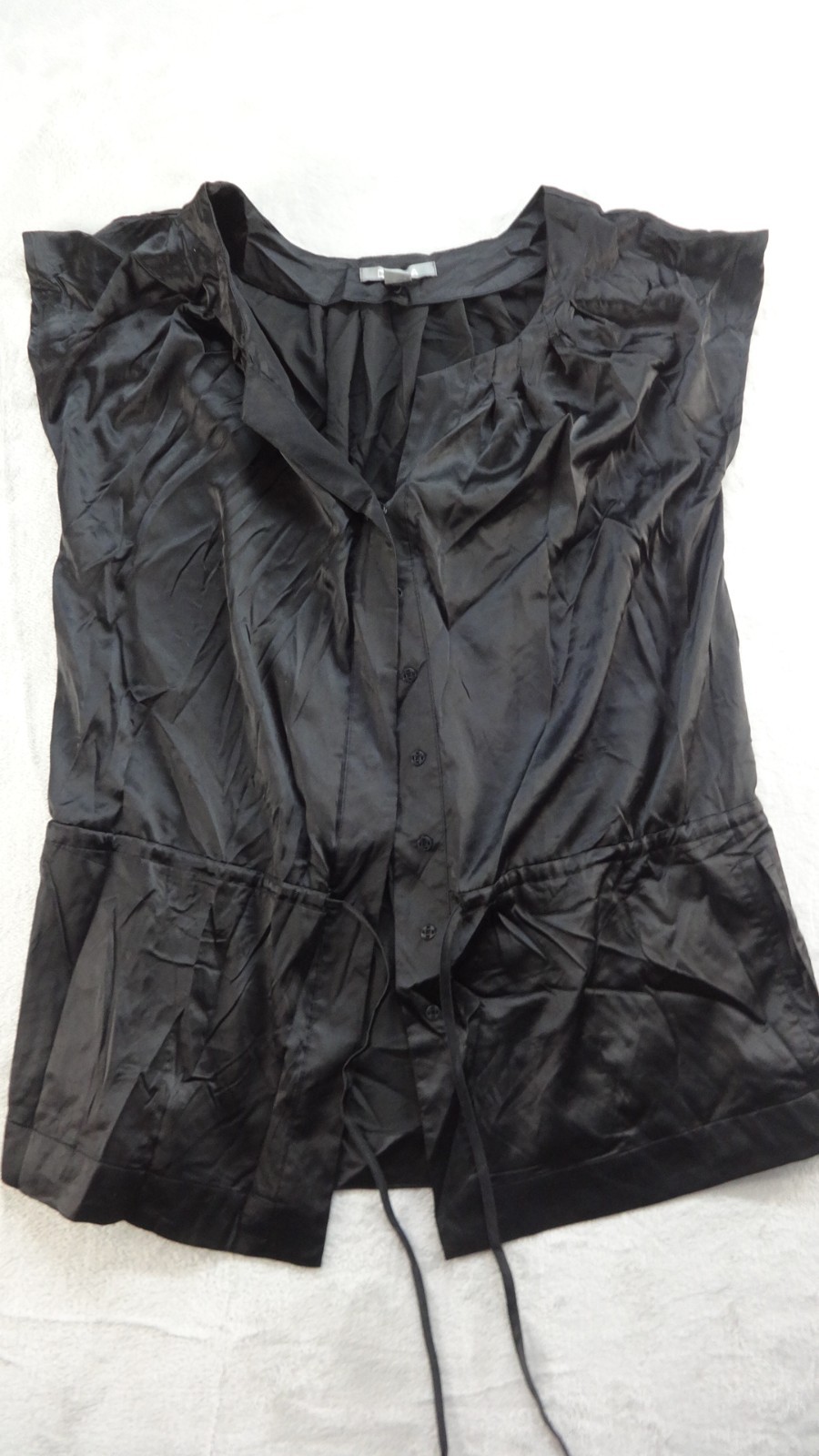 Dalia Satin Top Womens Large Black Button Up Cap Sleeve Minimalist Classic
