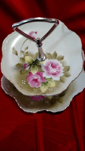 Vintage Lefton China 2 Tiered Tidbit Tray Server Hand Painted Pink Roses