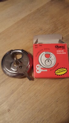 Guard Security Discus Padlock. No. 242 W/2 Keys, Stainless Steel NOS Open Box