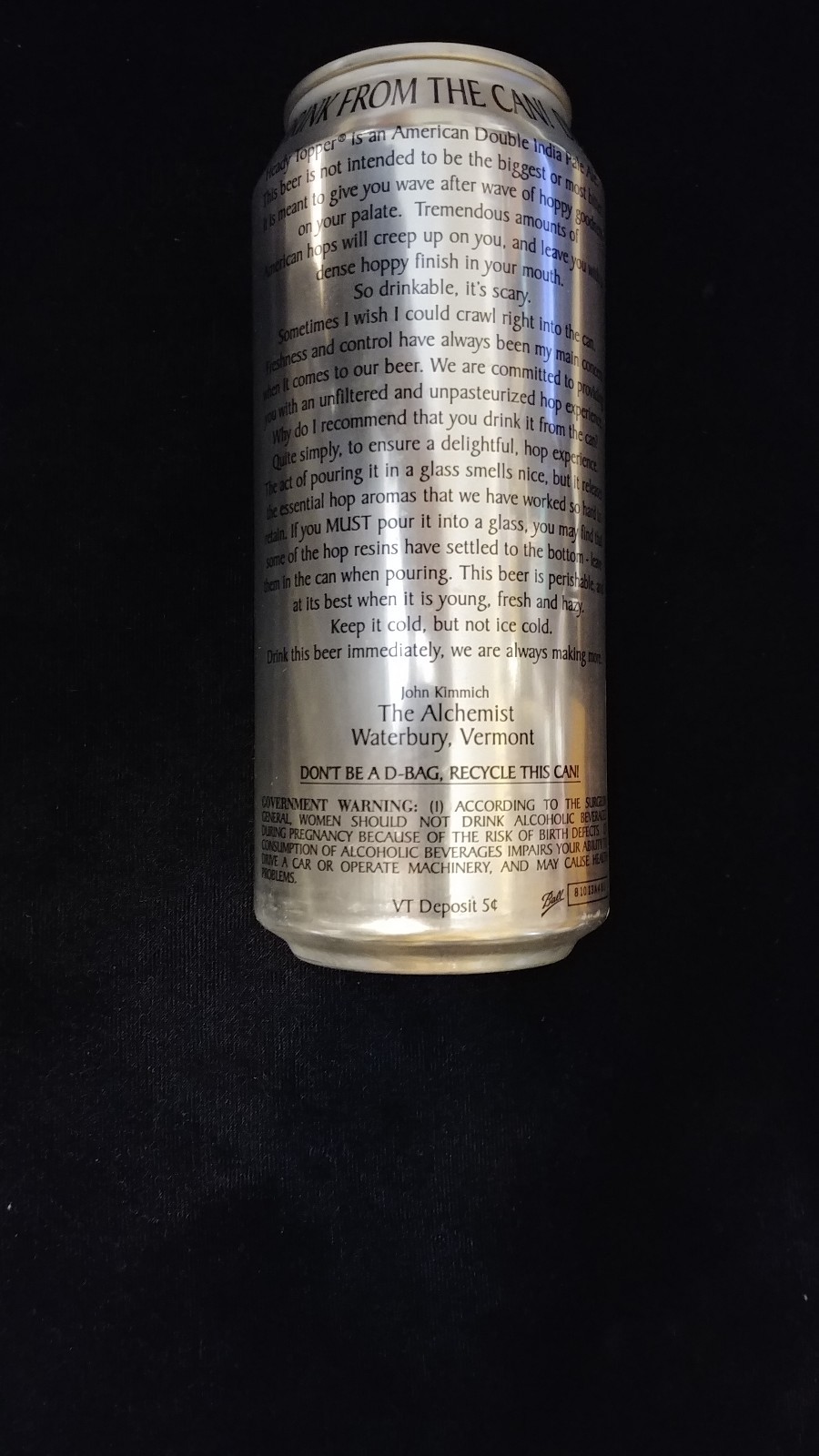 Empty  The ALchemist Heady Topper 16  oz beer can