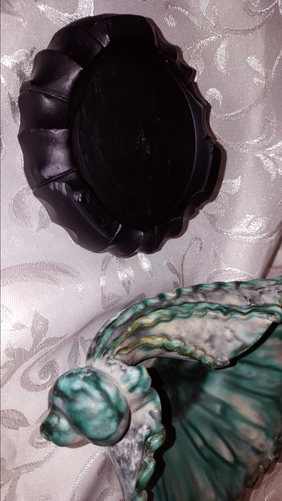 Hand sculptured shell  trinket or candy dish with wooden stand Italy # 3063