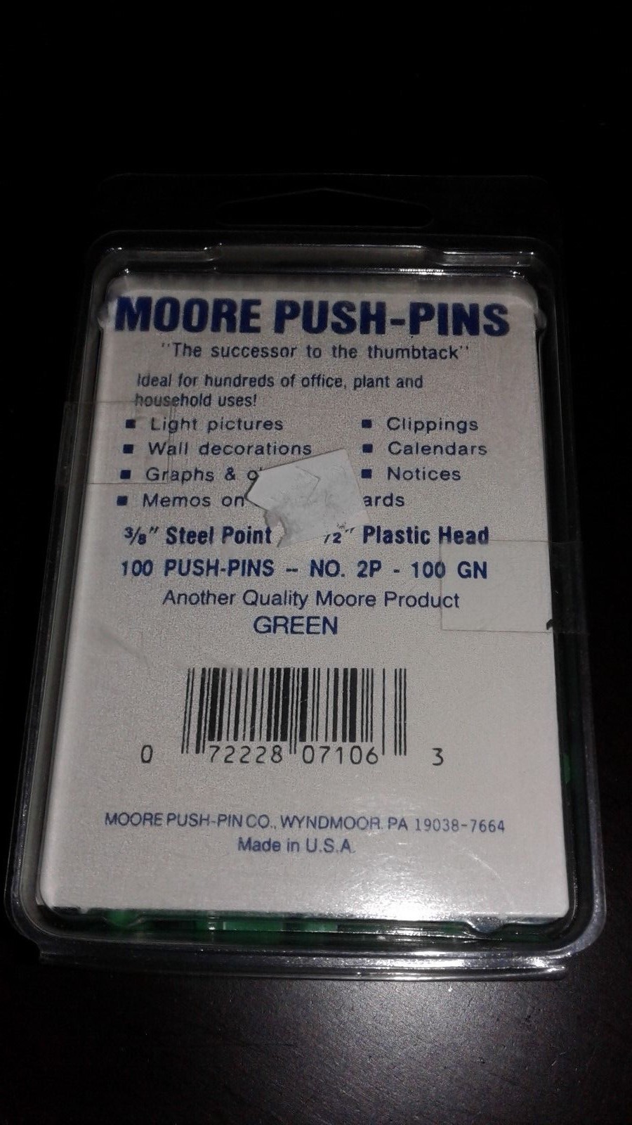 Push Pins, 3/8-Inch Point, 1/2-Inch Heads, 100/Box Green 2P-100 GN