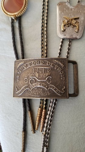 Mens Vintage Bolo Ties Agate Silver Gold Toned 3pc 1brass Belt Buckel