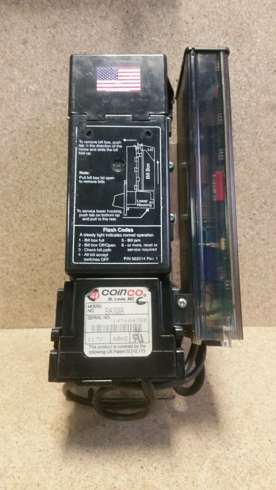 CoinCo  Bill Acceptor / Validater   BA30B  117V   *Untested*  S4D