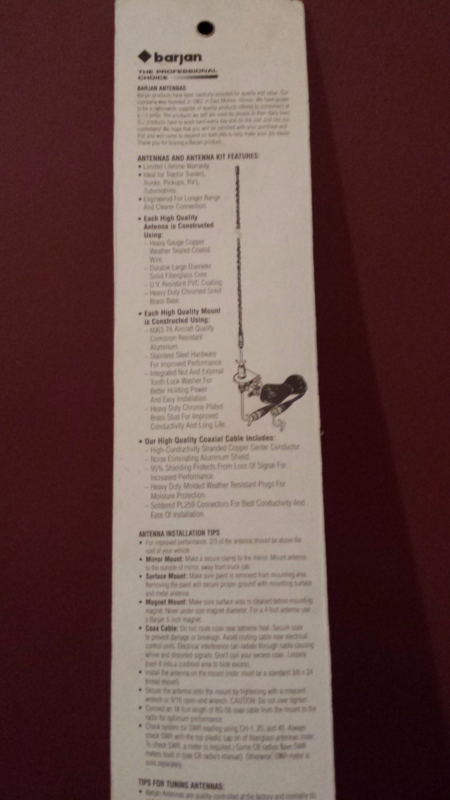 BARJAN 1000 WATT 3FT CB ANTENNA KIT WHITE