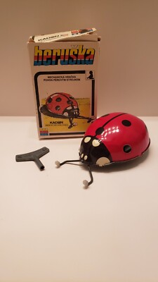 Vtg Czech KDN Mechanical Clockwork Toy & Key LADYBUG Beruska Metal Orig Box