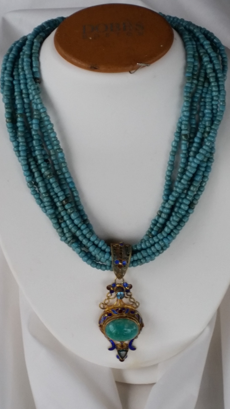 GOLD MONGOLIAN FILIGREE ENAMEL BLUE TOPAZ EMERALD AMAZONITE PENDANT NECKLACE